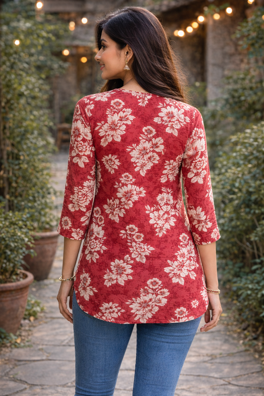 Short Kurti Maroon Rust white floral