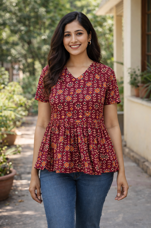 Maroon Sleeved Short Kurti