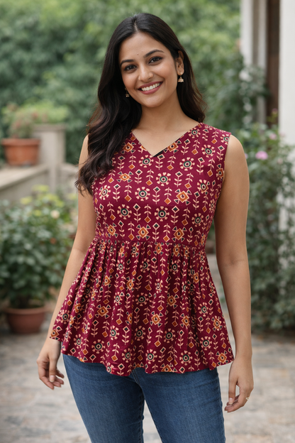 Maroon Sleeveless Short Kurti