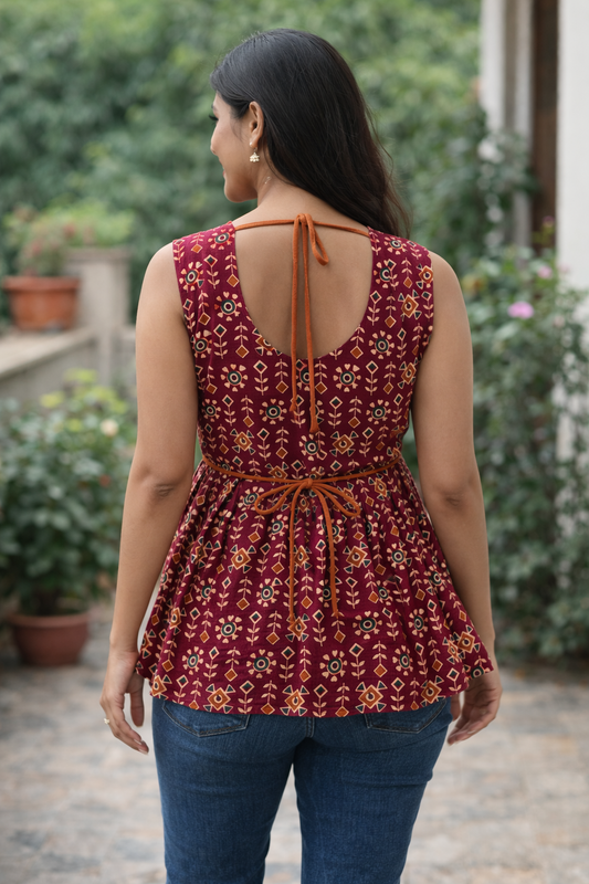 Maroon Sleeveless Short Kurti