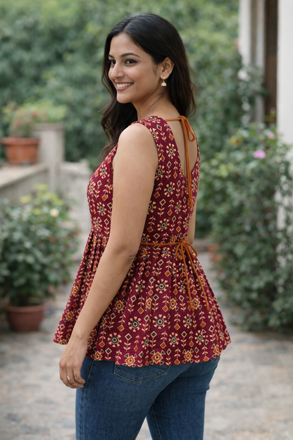 Maroon Sleeveless Short Kurti